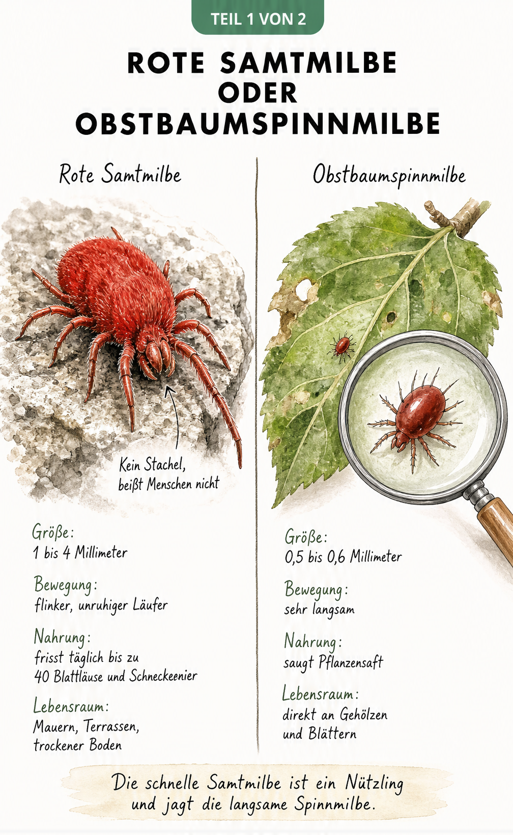 Gegenüberstellung der nützlichen Roten Samtmilbe und der schädlichen Obstbaumspinnmilbe mit Größenangaben und Merkmalen