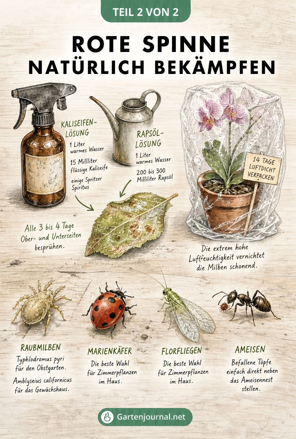 Illustration von Hausmitteln gegen die Rote Spinne wie Kaliseifen-Lösung, Rapsöl-Lösung, Folientüte für Orchideen und Nützlingen wie Raubmilben und Marienkäfer