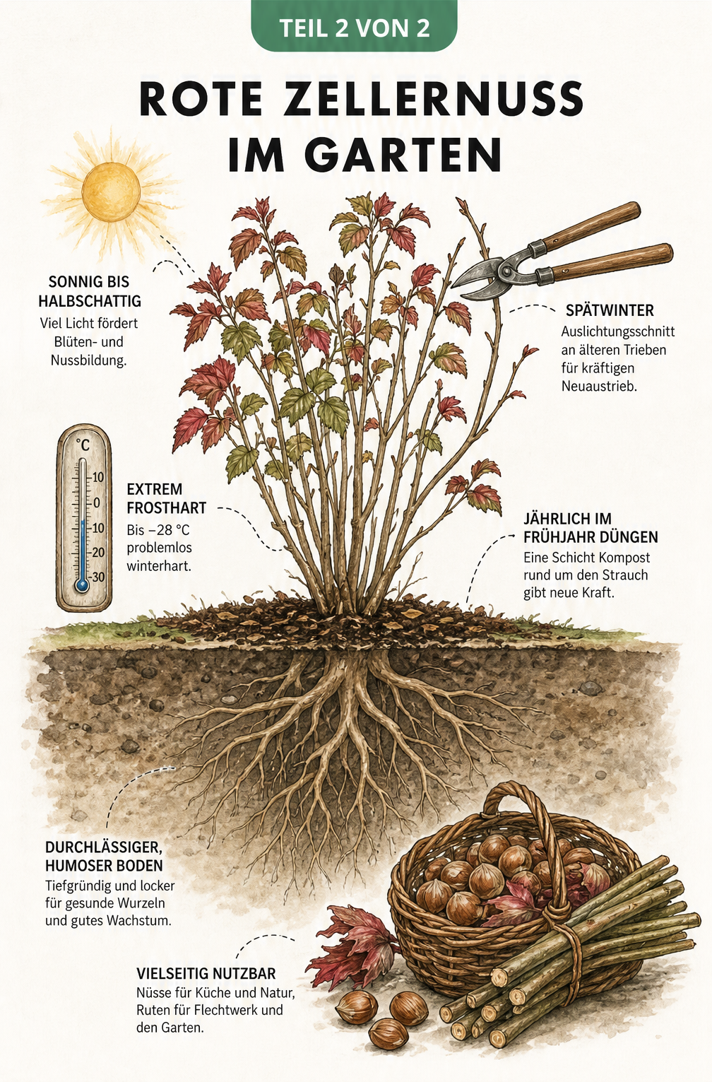 Querschnitt-Illustration der Roten Zellernuss im Garten mit Wurzelballen, Sonne für den Standort, Kompostschicht, Thermometer für Frosthärte und Gartenschere...