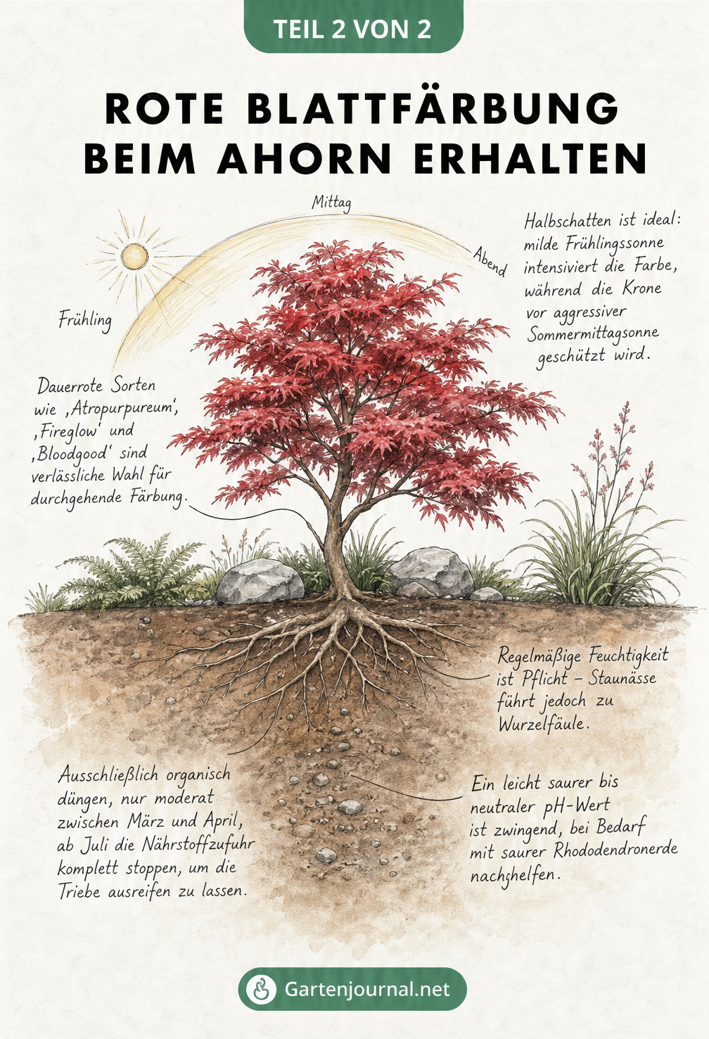 Querschnitt-Skizze eines roten Fächerahorns mit Wurzelwerk und Hinweisen zu Halbschatten, Boden-pH-Wert und organischer Düngung.