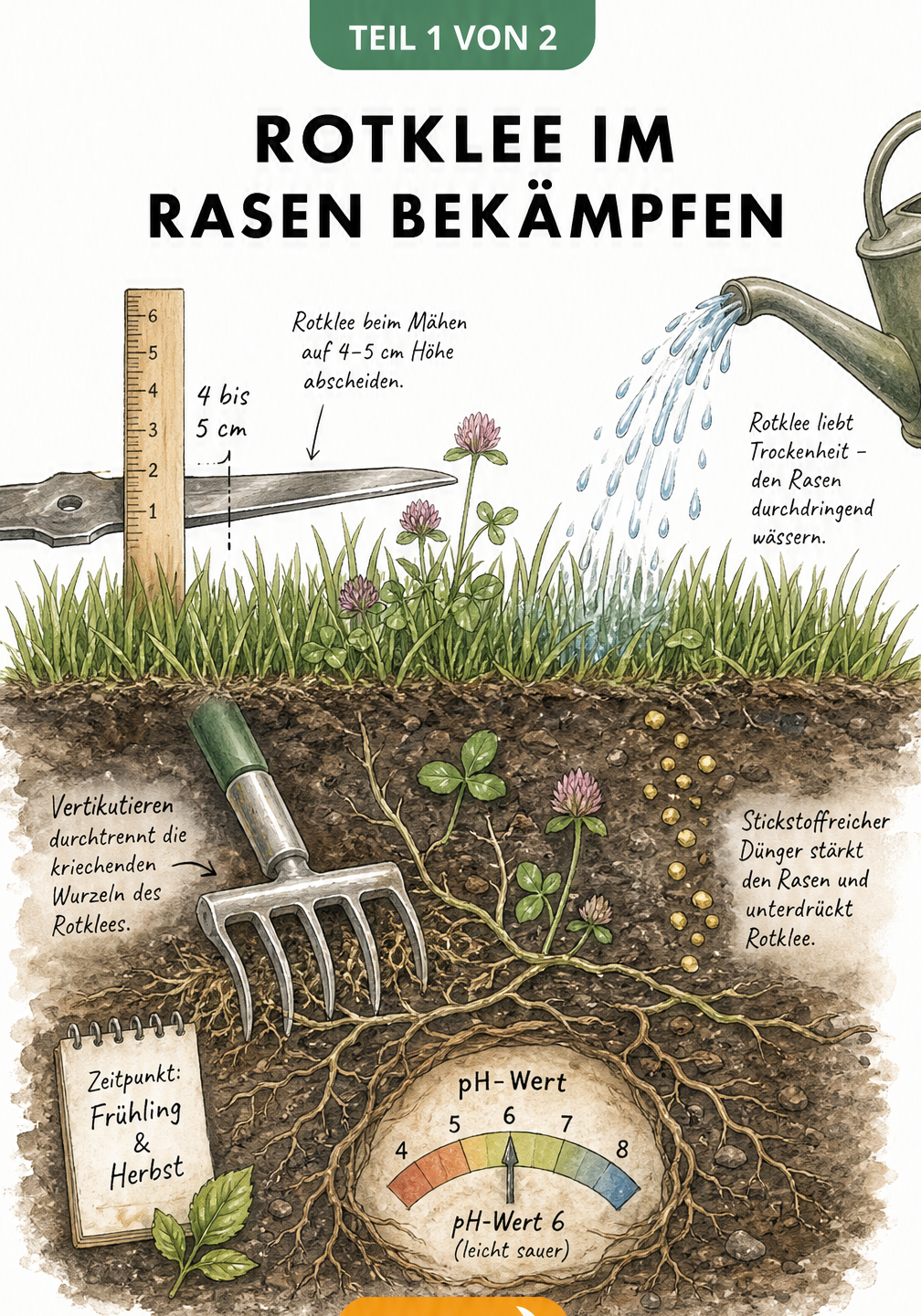 Querschnitt eines Rasens mit Rotklee, der durch Mähen, Vertikutieren und Düngen bekämpft wird