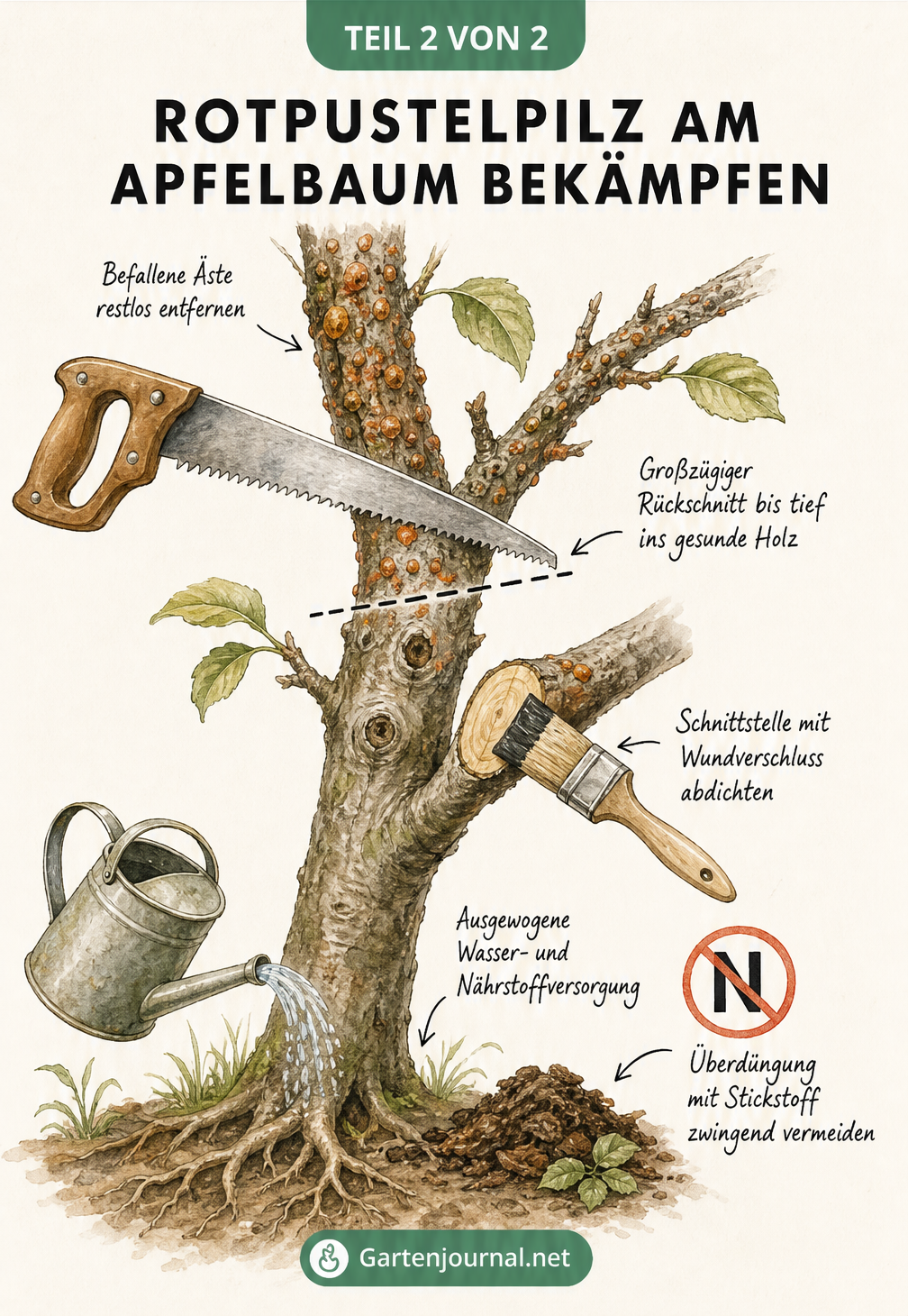 Illustration der Bekämpfung des Rotpustelpilzes am Apfelbaum durch Rückschnitt, Wundverschluss und richtige Pflege