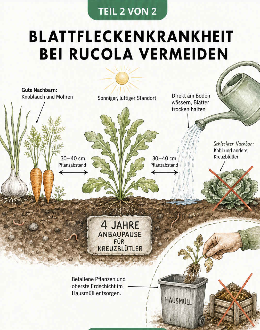 Illustration eines Gartenbeets mit Rucola, das vorbeugende Pflegemaßnahmen gegen Blattfleckenkrankheit zeigt