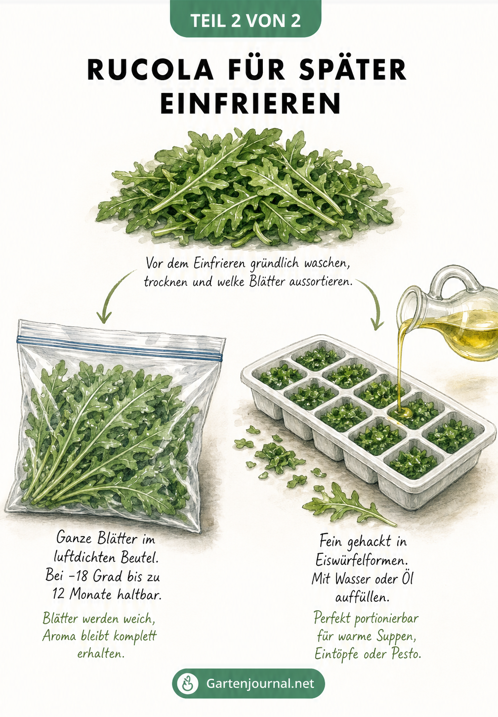 Illustration von zwei Methoden zum Einfrieren von Rucola: ganze Blätter im Gefrierbeutel und fein gehackt in Eiswürfelformen mit Öl oder Wasser.