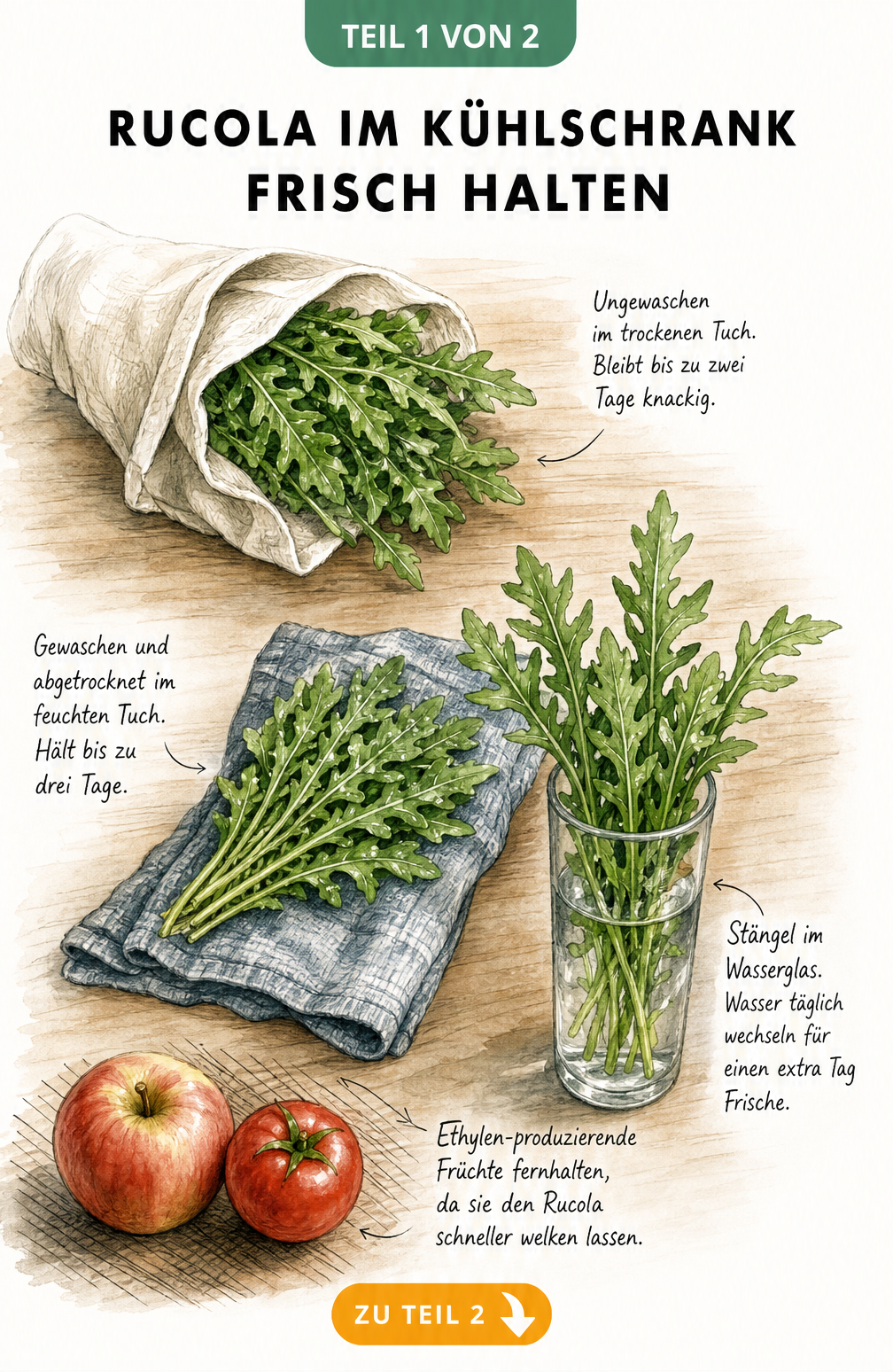 Illustration von drei Methoden, um Rucola im Kühlschrank frisch zu halten: im trockenen Tuch, im feuchten Tuch und im Wasserglas.