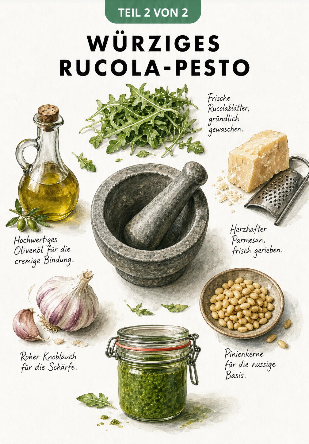 Zutaten für Rucola-Pesto im Flatlay-Stil: Rucola, Parmesan, Pinienkerne, Knoblauch und Olivenöl um einen Mörser