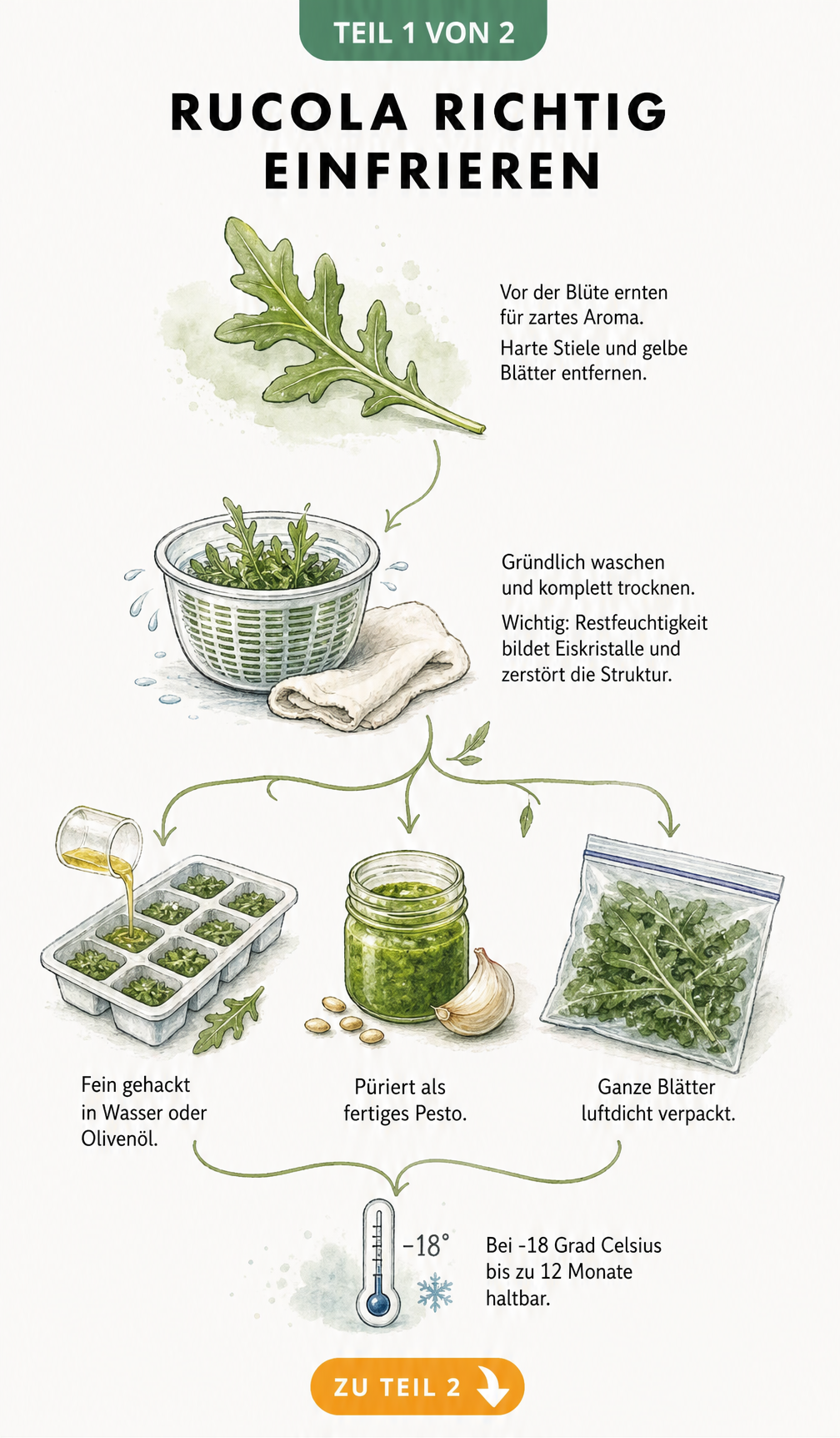 Illustration der Vorbereitung von Rucola zum Einfrieren: Ernte vor der Blüte, gründliches Waschen und Trocknen sowie drei Methoden zum Einfrieren.