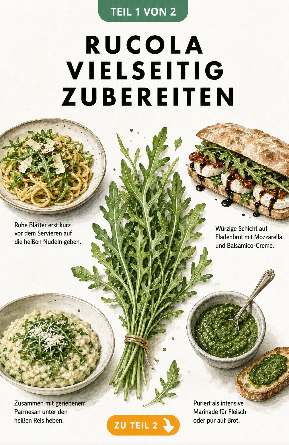 Illustration von vier Rucola-Gerichten: Pasta, Sandwich, Risotto und Pesto um ein Bund frischen Rucola