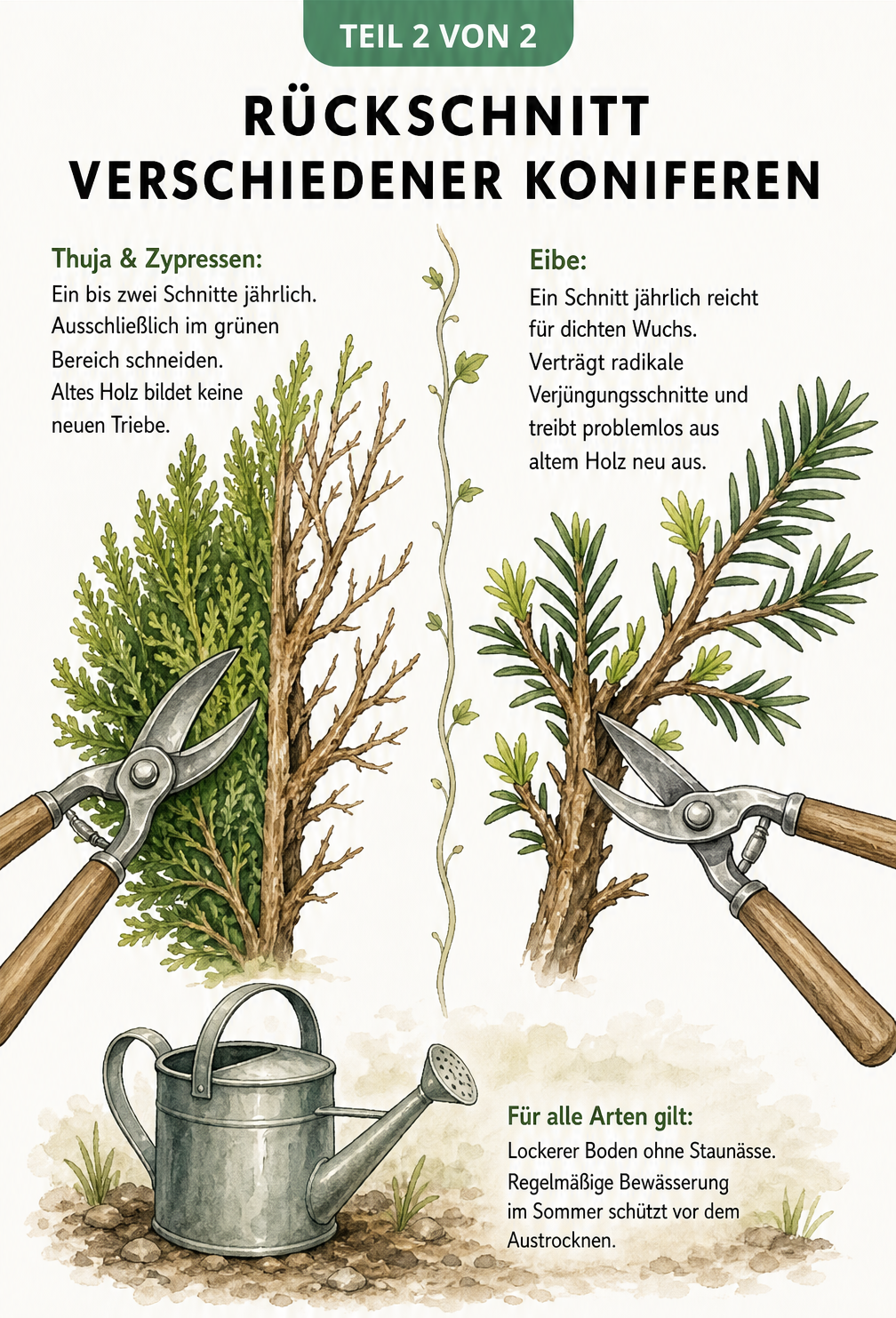 Illustration von Thuja- und Eibenzweigen, die zeigt, wo die Gartenschere für den Rückschnitt angesetzt werden muss.