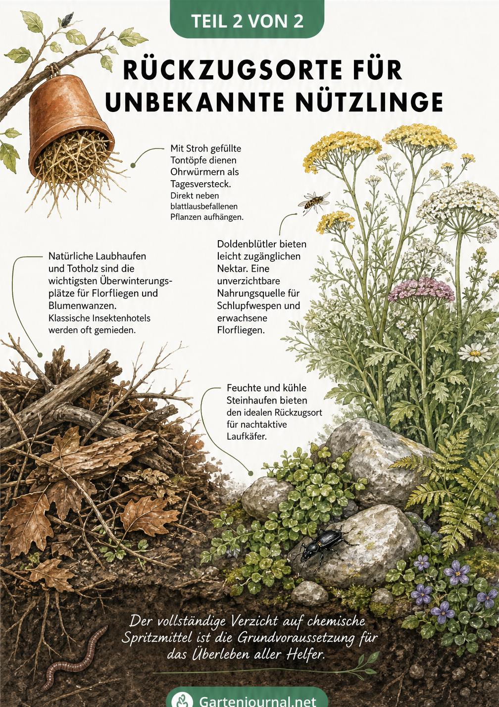 Querschnitt durch ein naturnahes Gartenbeet mit Rückzugsorten für Nützlinge wie Tontöpfe, Doldenblütler, Totholz und Steinhaufen.