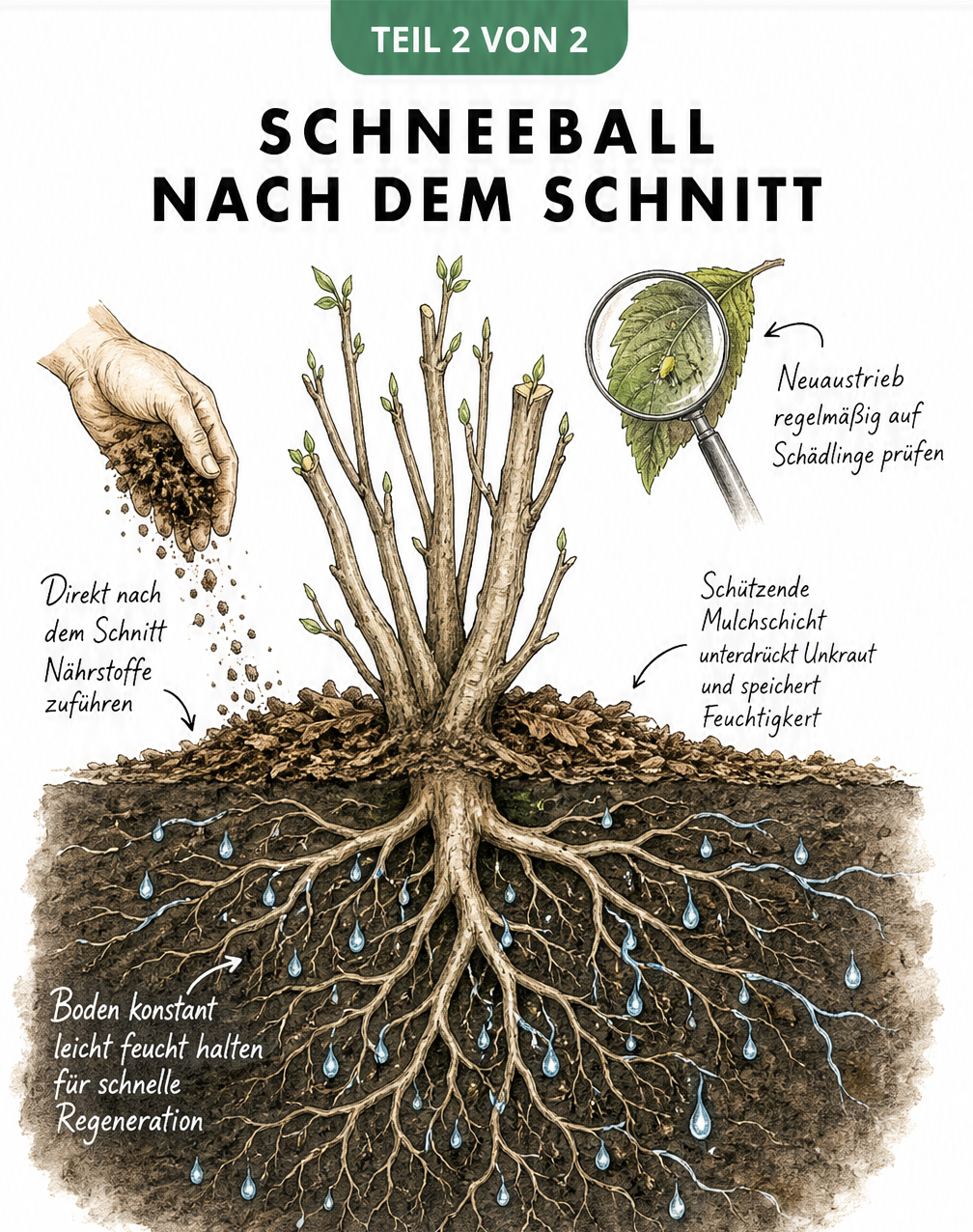 Querschnitt-Illustration der Wurzeln eines Runzelblättrigen Schneeballs mit Mulchschicht und Nährstoffzufuhr nach dem Schnitt