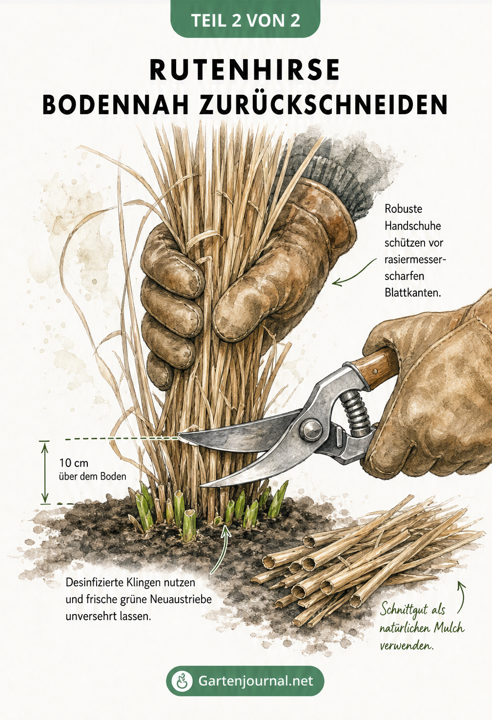 Nahaufnahme einer Hand mit Lederhandschuh, die trockene Halme der Rutenhirse mit einer Gartenschere 10 cm über dem Boden abschneidet.