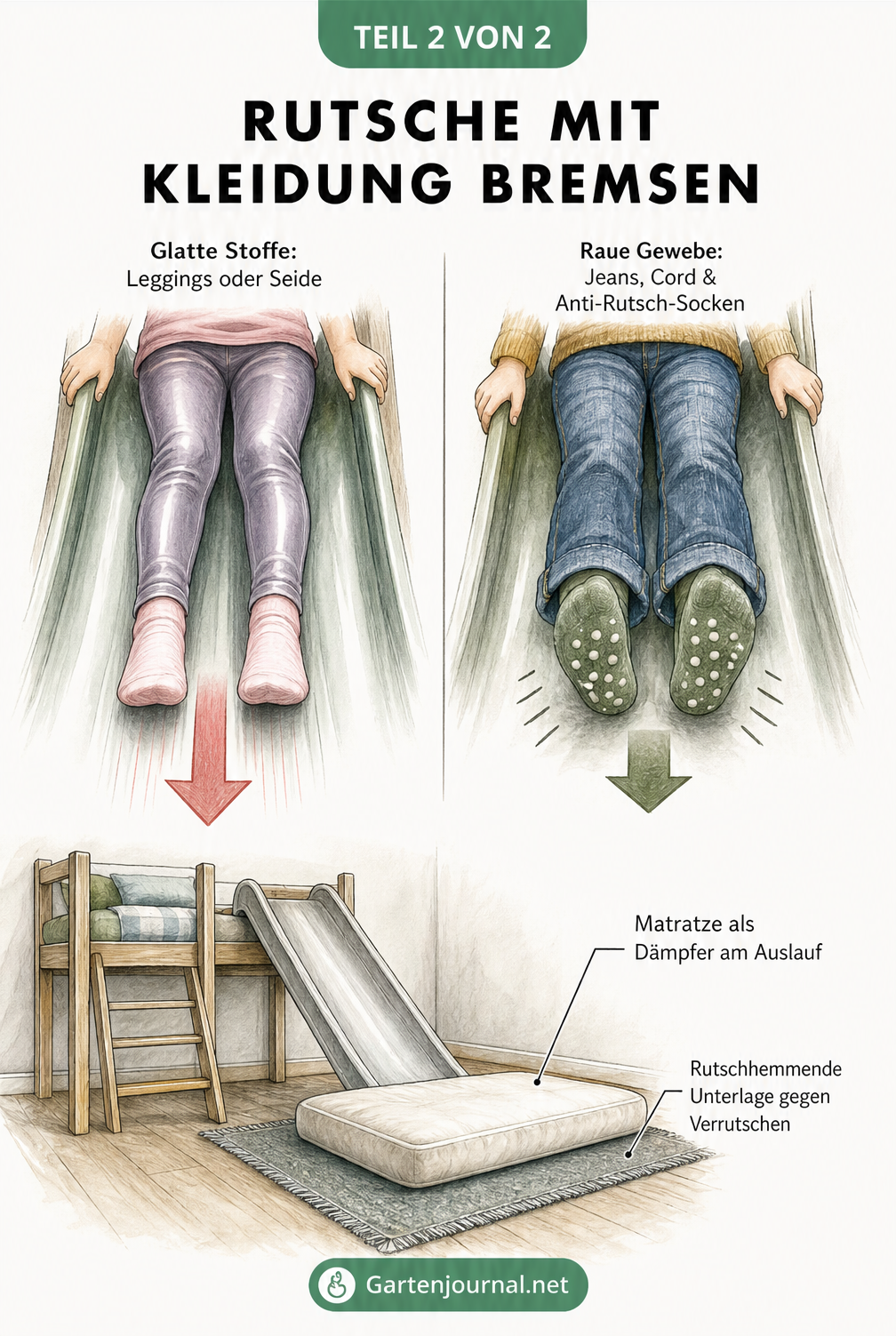 Illustration von Kinderbeinen auf einer Rutsche, die den Unterschied zwischen glatter und rauer Kleidung zeigt