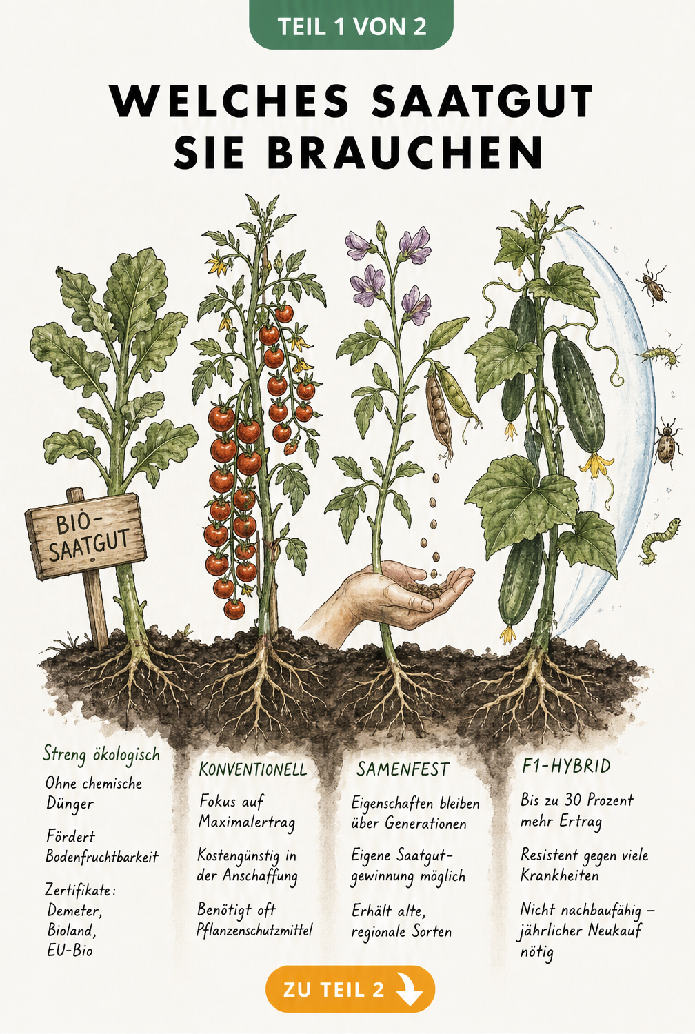 Illustration von vier Pflanzenstängeln, die Bio-Saatgut, konventionelles Saatgut, samenfestes Saatgut und F1-Hybride mit ihren jeweiligen Vor- und Nachteilen...