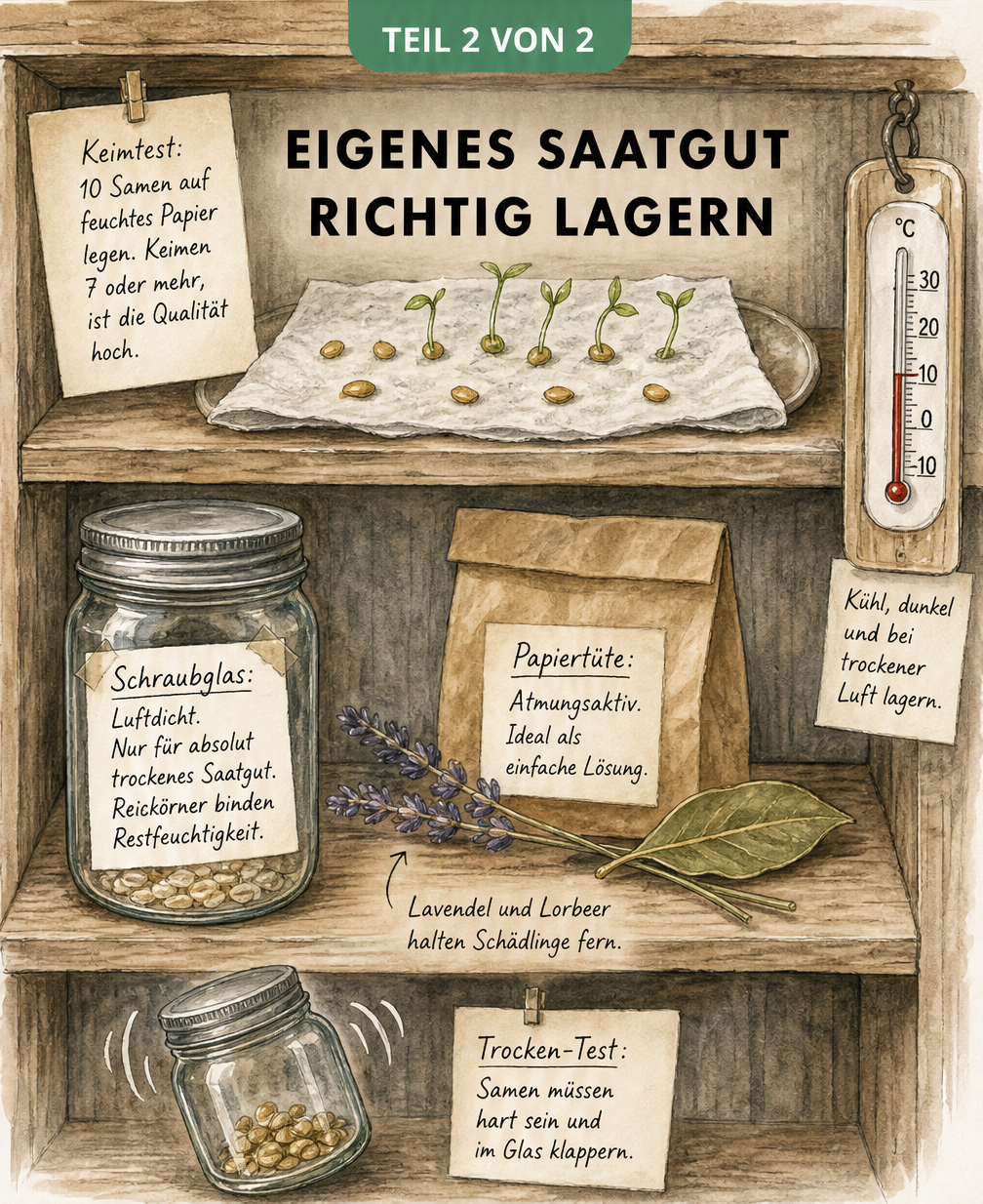 Querschnitt eines Regals mit Saatgut in Gläsern und Papiertüten sowie einem Keimtest