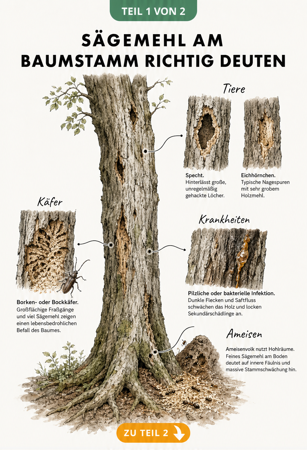 Botanische Illustration eines Baumstamms mit Schadstellen durch Ameisen, Käfer, Spechte und Pilze