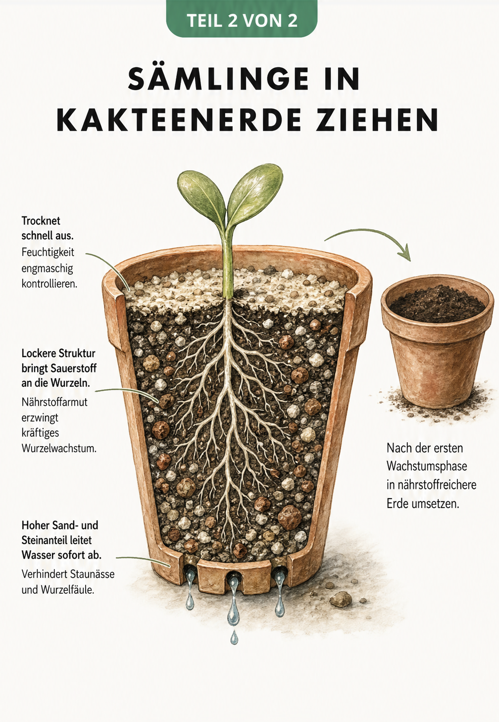Querschnitt eines Anzuchttopfs mit einem Sämling in Kakteenerde, der die physikalischen Vorgänge zeigt