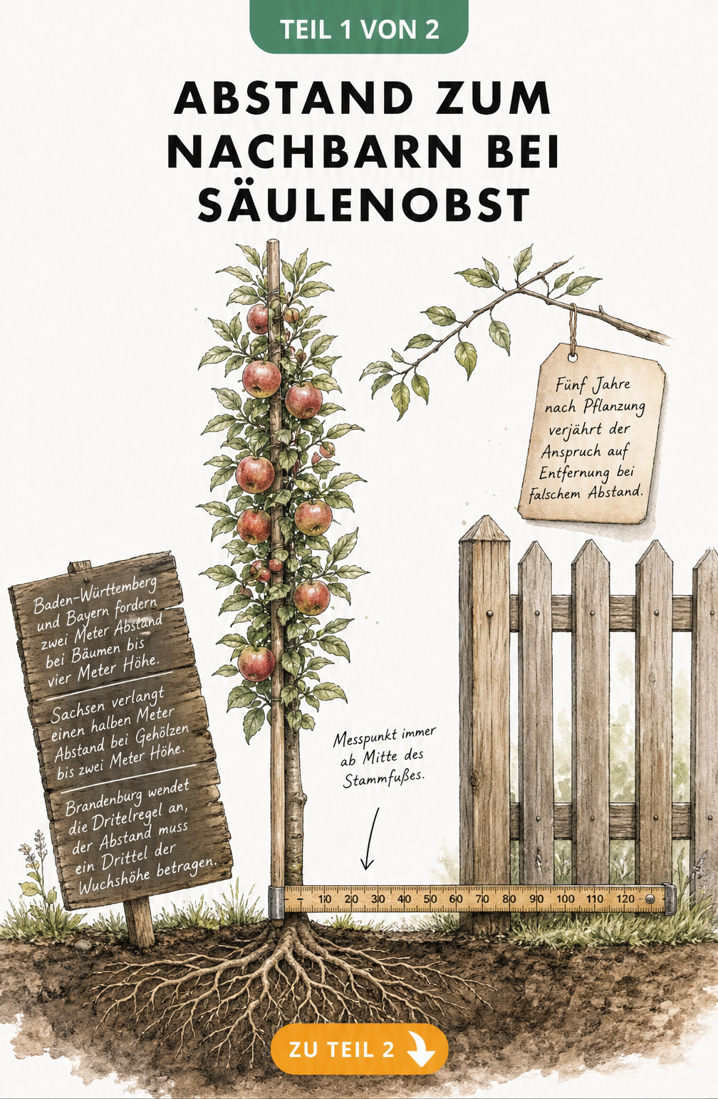 Querschnitt-Szene mit Säulenapfelbaum, Holzzaun und Zollstock zur Messung des Grenzabstands