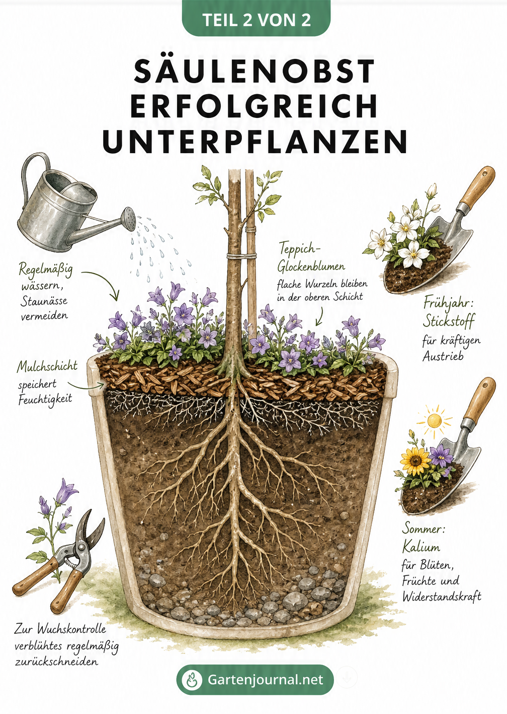 Querschnitt eines Pflanzgefäßes mit Säulenobst und Unterpflanzung, der die Wurzelschichten, Mulchschicht und Pflegeschritte wie Gießen und Düngen zeigt.