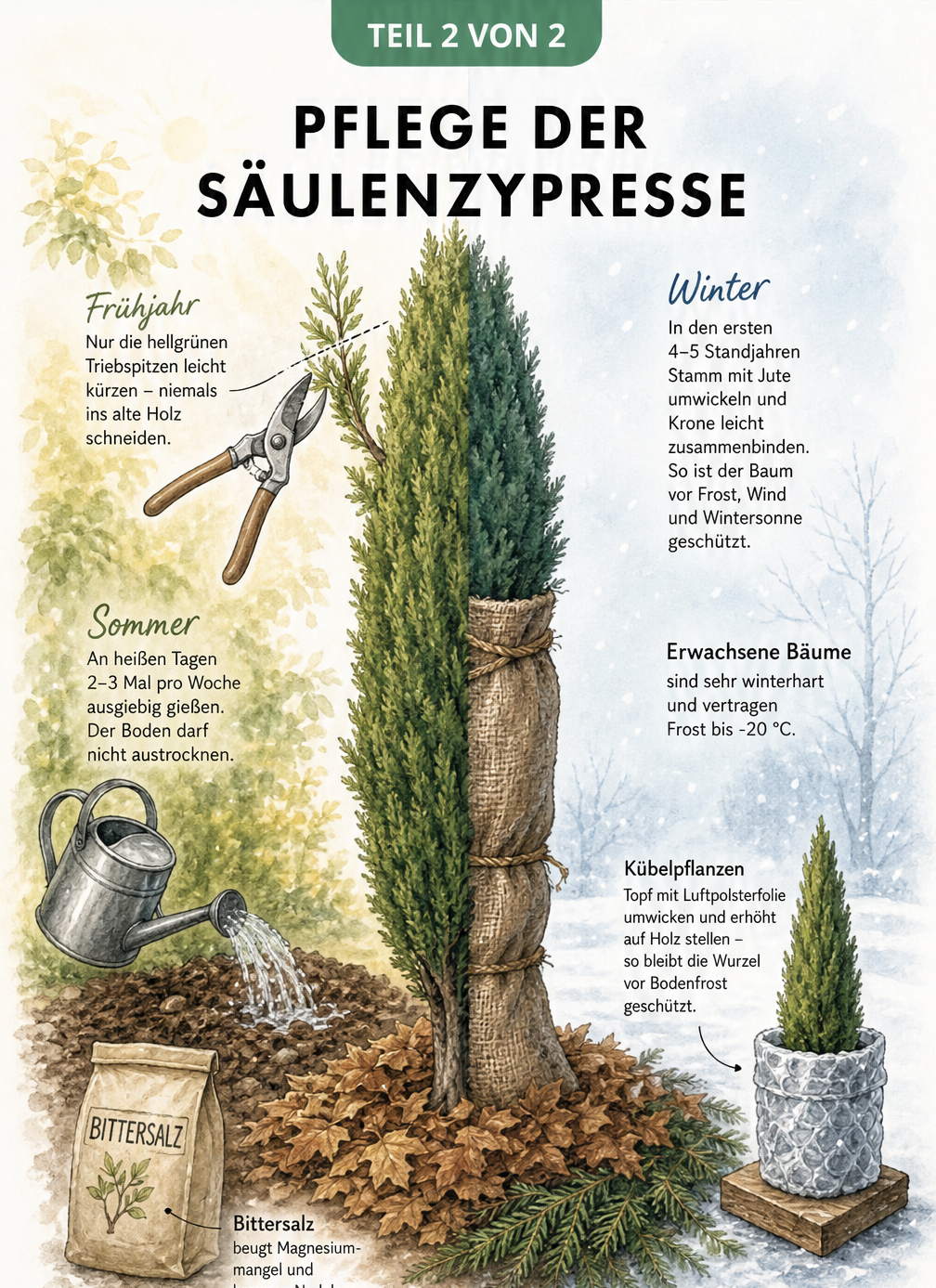 Säulenzypresse im Sommer und Winter mit Gießkanne, Gartenschere und Winterschutz