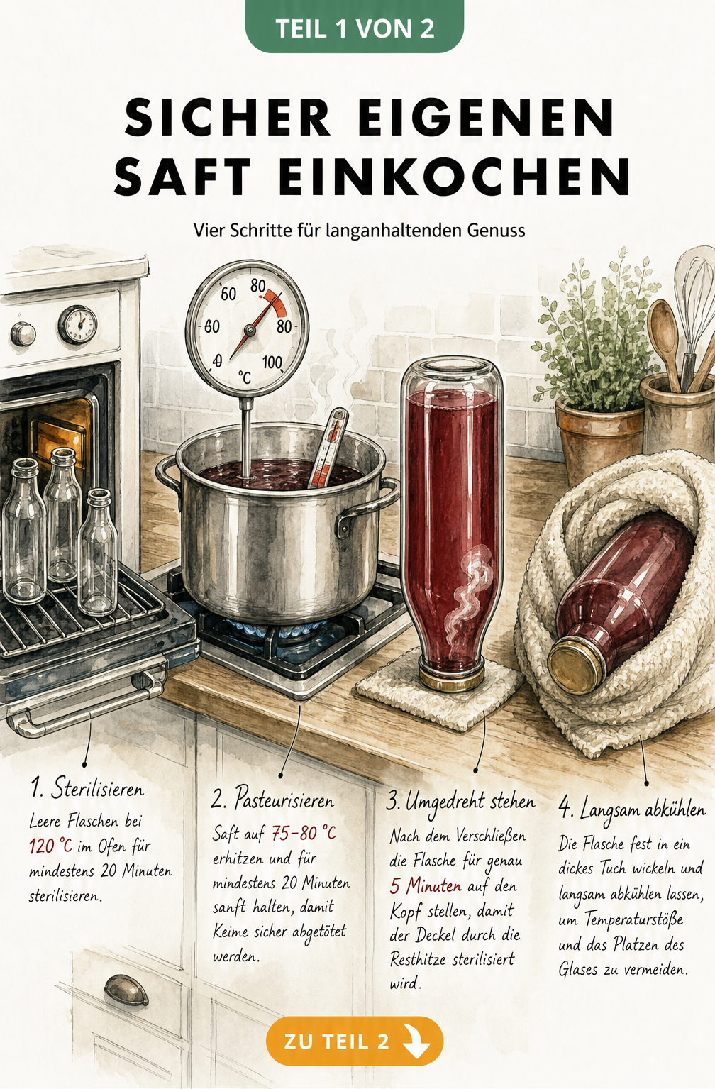 Illustration einer Küchenzeile mit Backofen, Kochtopf und Flaschen, die den Prozess des Saft-Einkochens zeigt