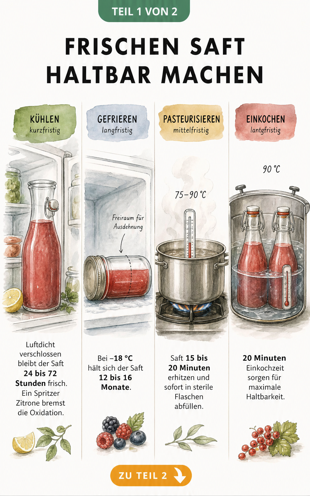 Illustration von vier Methoden zur Saftkonservierung: Kühlschrank, Einfrieren, Pasteurisieren und Einkochen