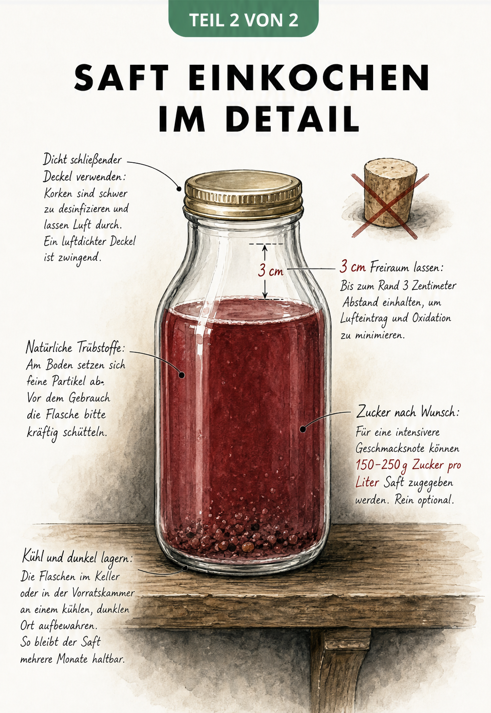 Detaillierter Querschnitt einer Glasflasche mit eingekochtem Saft und Erklärungen zu Deckel, Füllstand und Lagerung
