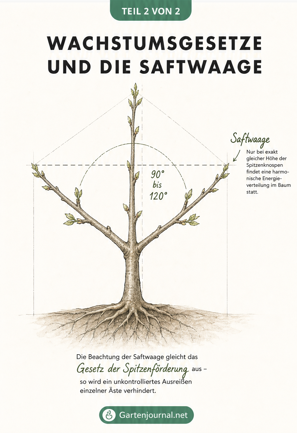 Zeichnung einer Baumkrone, die das Prinzip der Saftwaage und den Ausgleich der Spitzenförderung durch den richtigen Schnittwinkel zeigt