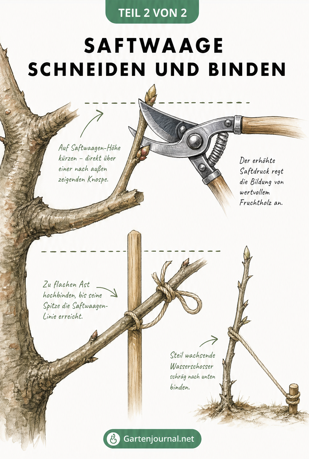 Illustration zum Schneiden und Binden von Ästen, um die Saftwaage zu erreichen, inklusive Detailzeichnung eines Wasserschossers.