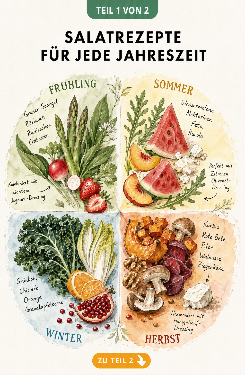 Aquarell-Illustration eines Jahreskreises mit Salatzutaten für Frühling, Sommer, Herbst und Winter