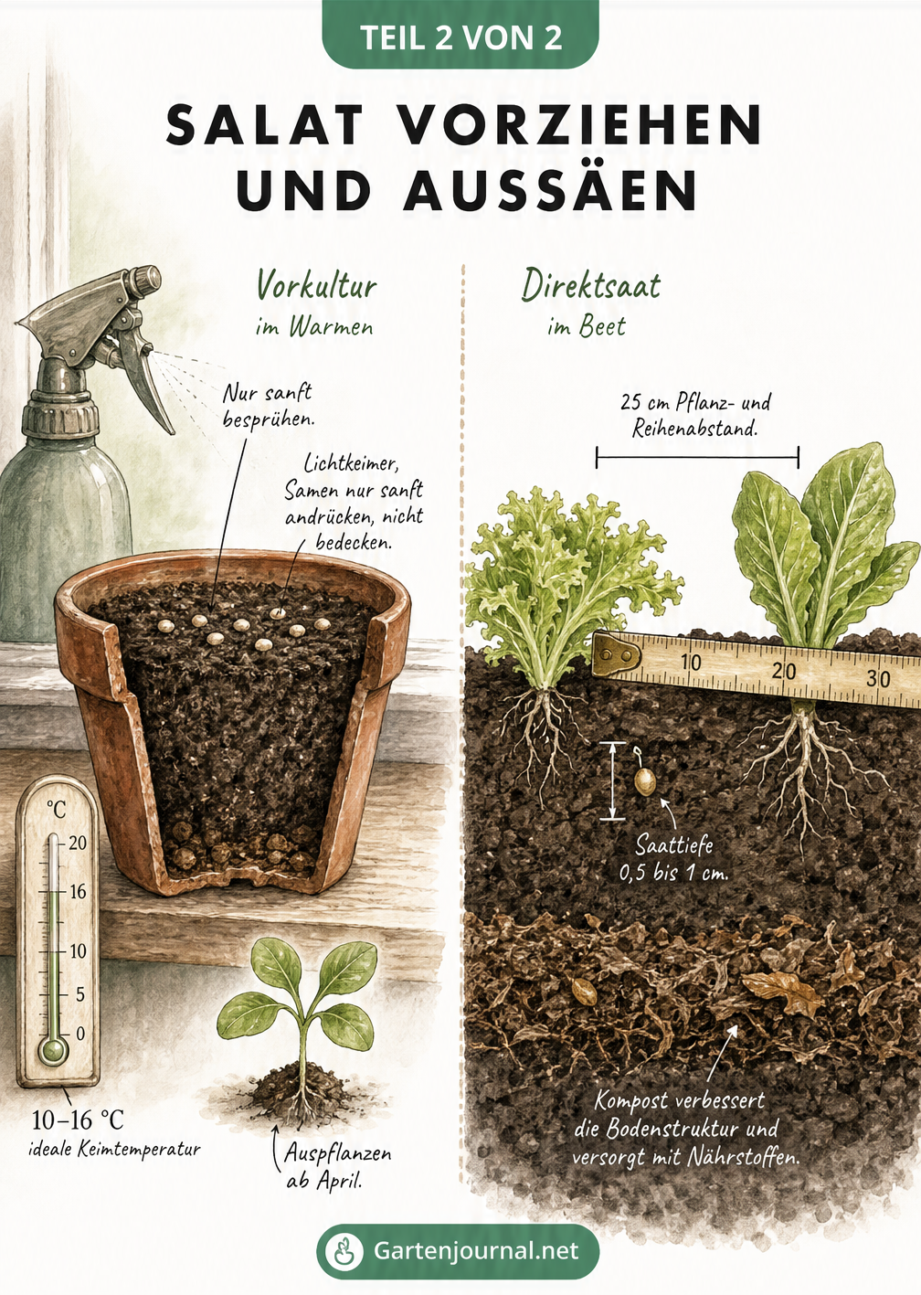 Querschnitt-Illustration: Salat vorziehen im Topf als Lichtkeimer und Direktsaat im Beet mit richtigem Pflanzabstand.