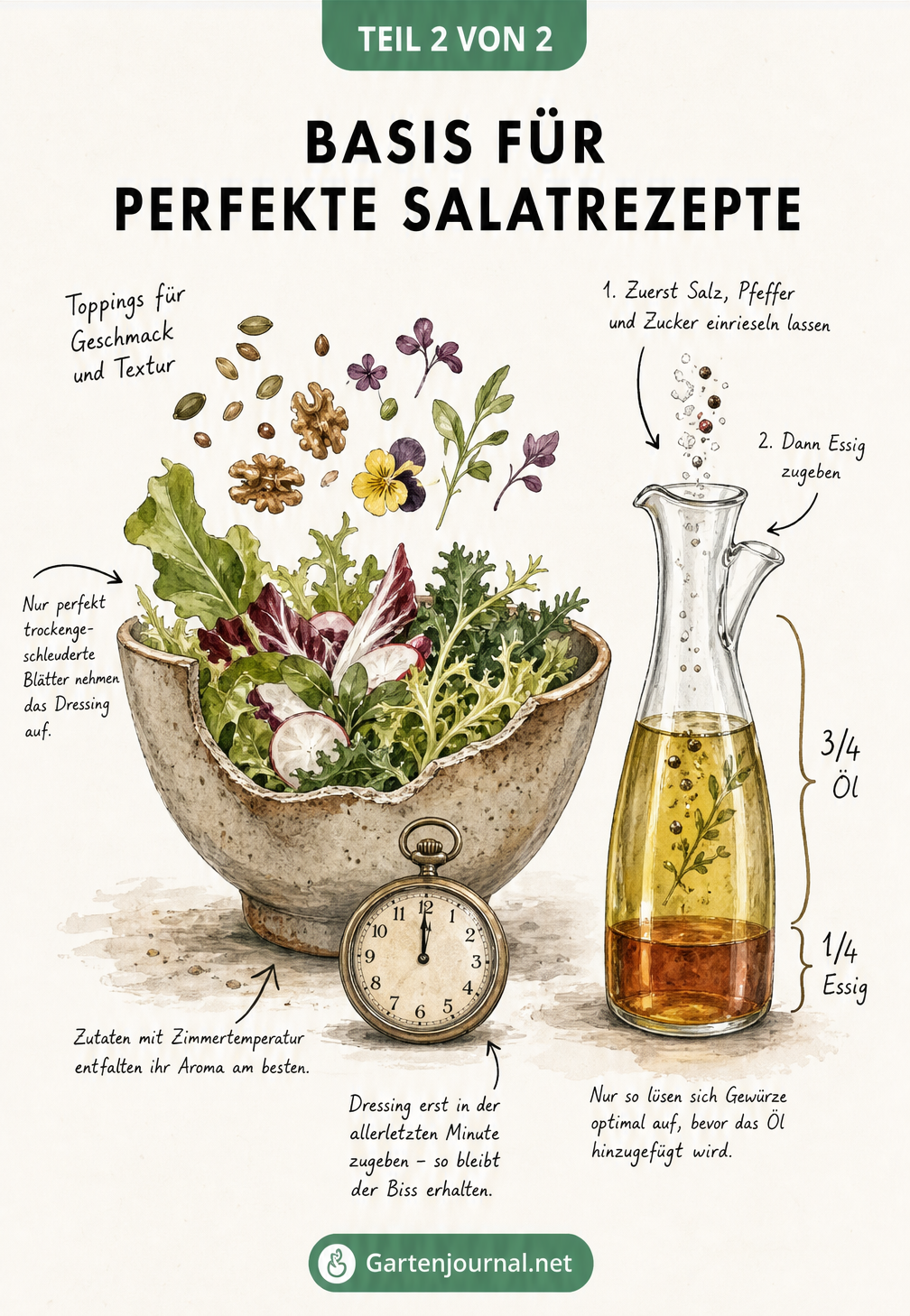Illustration einer Salatschüssel und einer Dressing-Karaffe mit dem perfekten Mischungsverhältnis