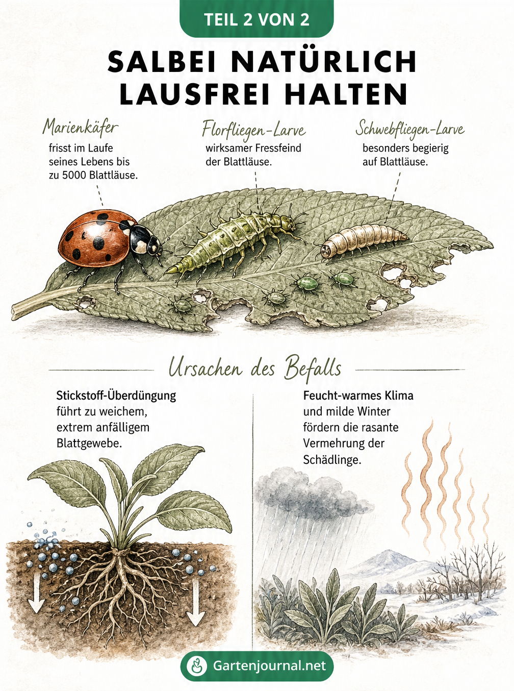 Vintage-Schautafel mit einem Salbeiblatt, Nützlingen wie Marienkäfer und Florfliege sowie Ursachen für Blattlausbefall