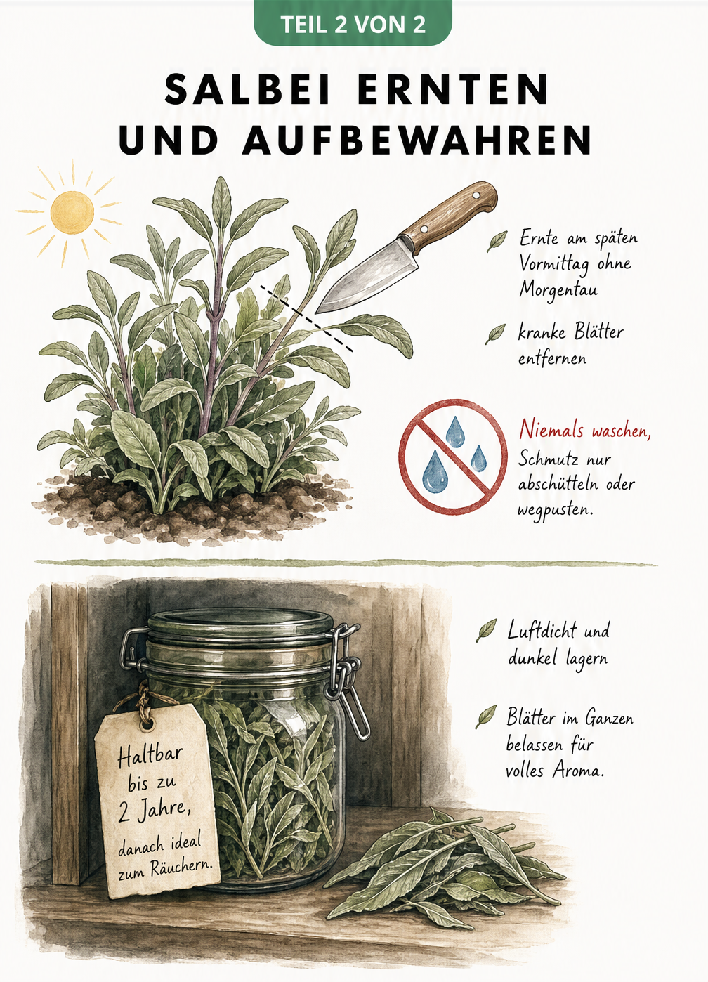 Skizze zur Ernte und Aufbewahrung von Salbei mit Hinweisen zur Lagerung im Vorratsglas