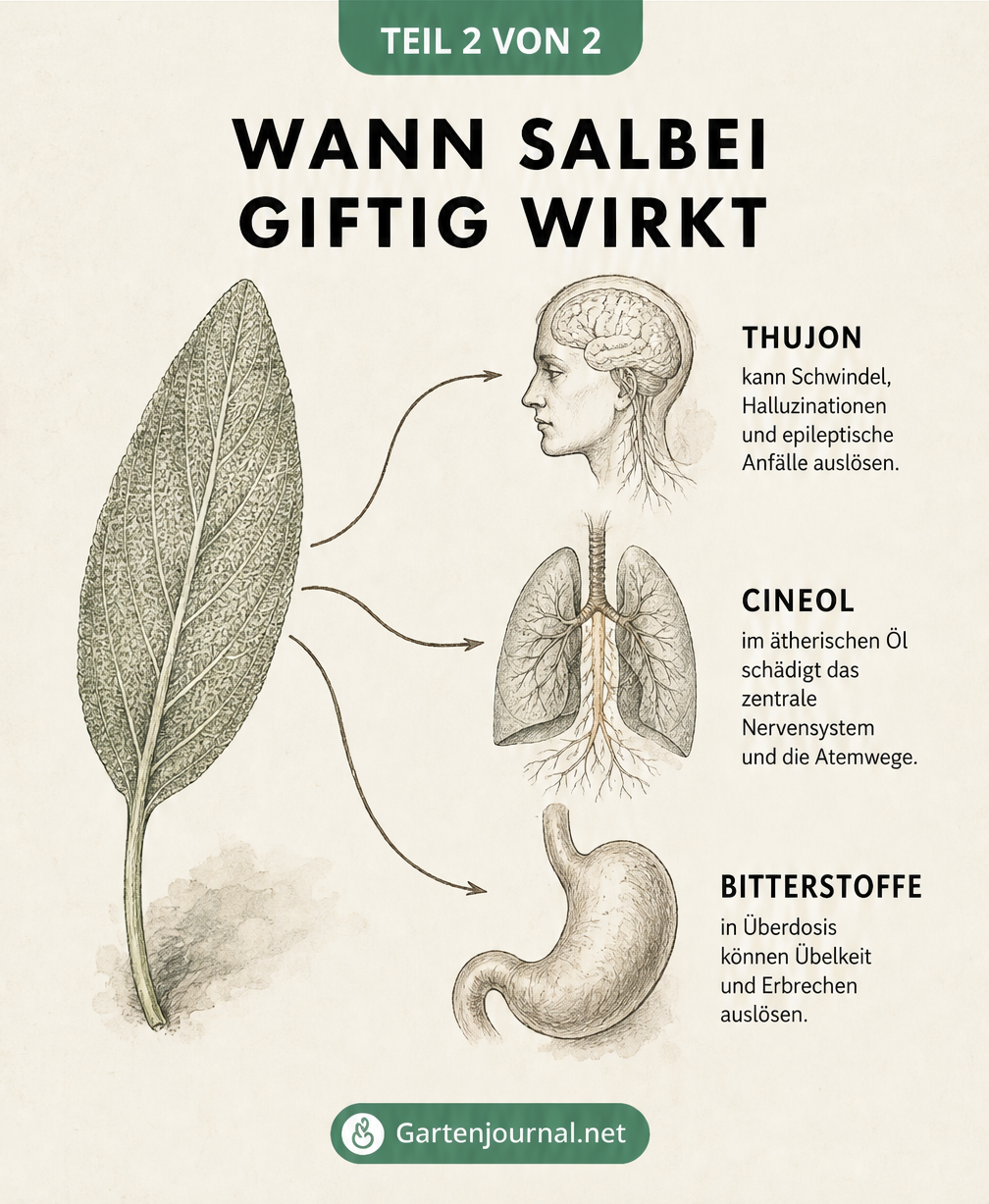 Anatomische Skizzen, die die toxische Wirkung von Salbei-Inhaltsstoffen wie Thujon und Cineol auf Körperorgane zeigen