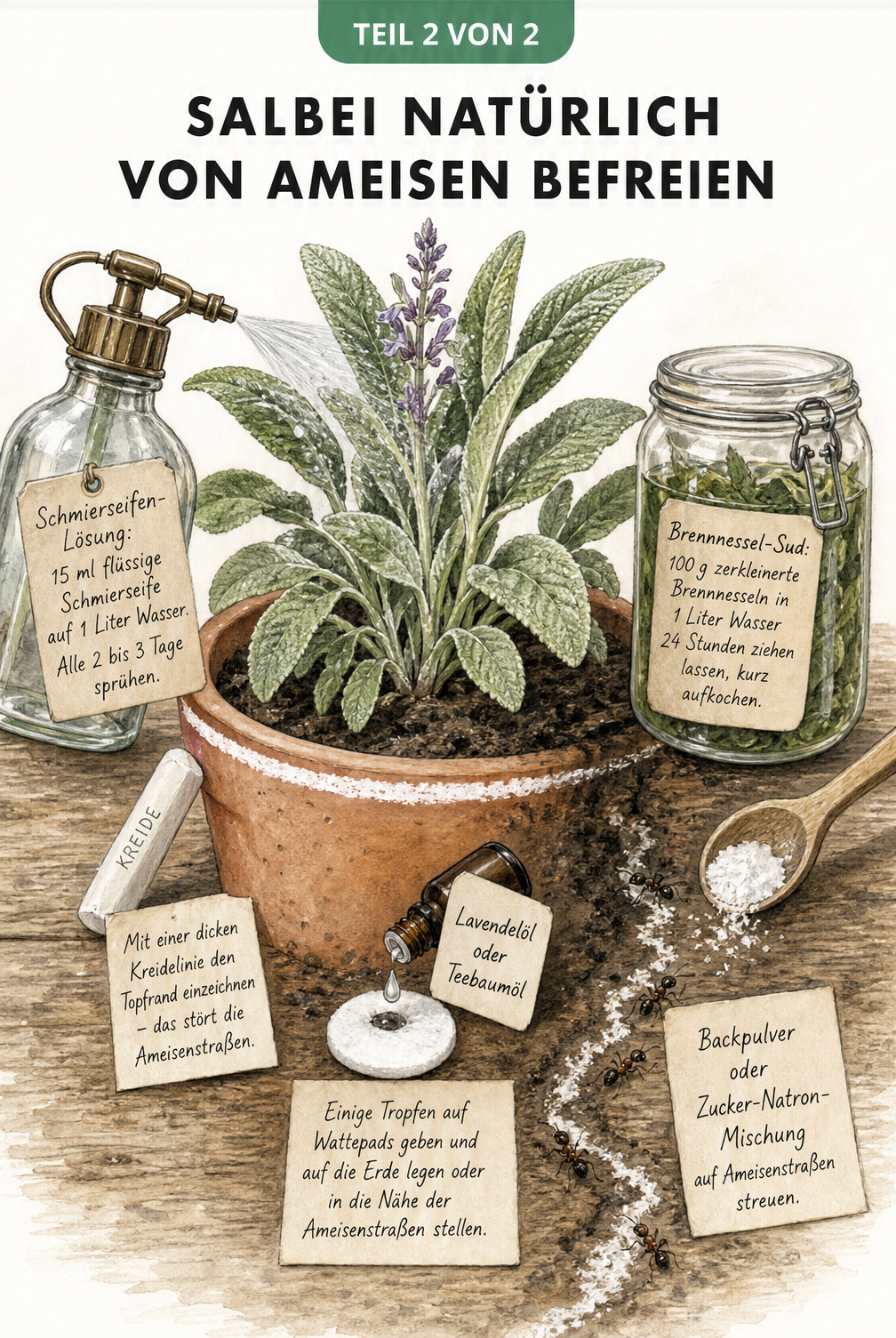 Illustration einer Salbeipflanze im Terrakottatopf mit natürlichen Hausmitteln wie Schmierseife, Brennnessel-Sud, Kreide und Lavendelöl zur...