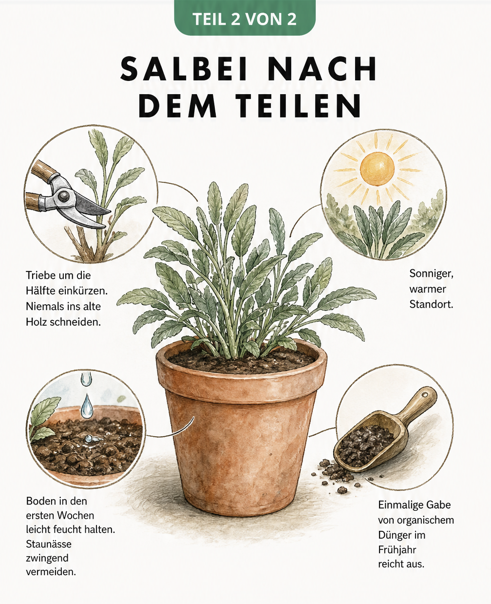 Skizze zur Pflege von Salbei nach dem Teilen mit Hinweisen zu Schnitt, Standort, Gießen und Düngen