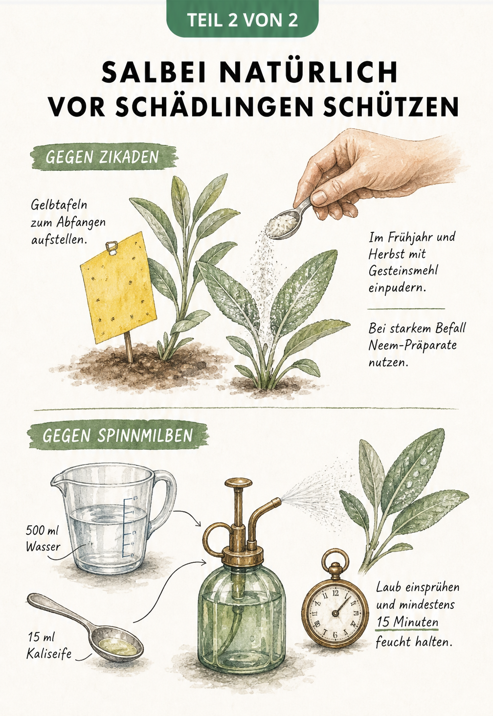 Skizze zur natürlichen Bekämpfung von Zikaden und Spinnmilben an Salbei