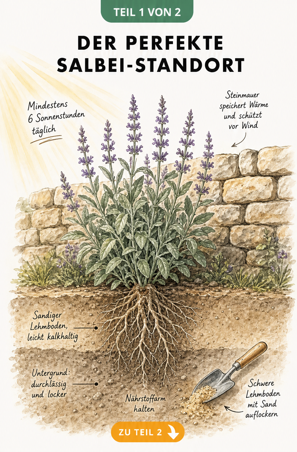 Botanische Illustration einer Salbeipflanze vor einer Steinmauer mit Erdschnitt, der sandigen Lehmboden zeigt.