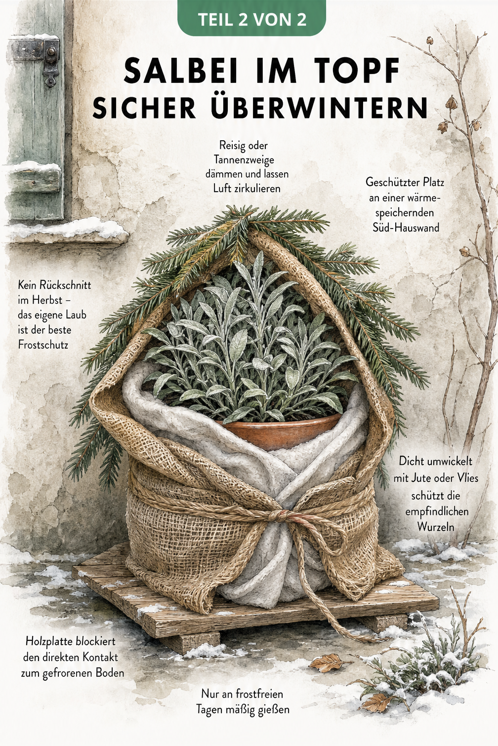 Illustration eines Salbeitopfs vor einer Hauswand, eingepackt in Jute und Vlies, mit Reisig abgedeckt und auf einer Holzplatte stehend.