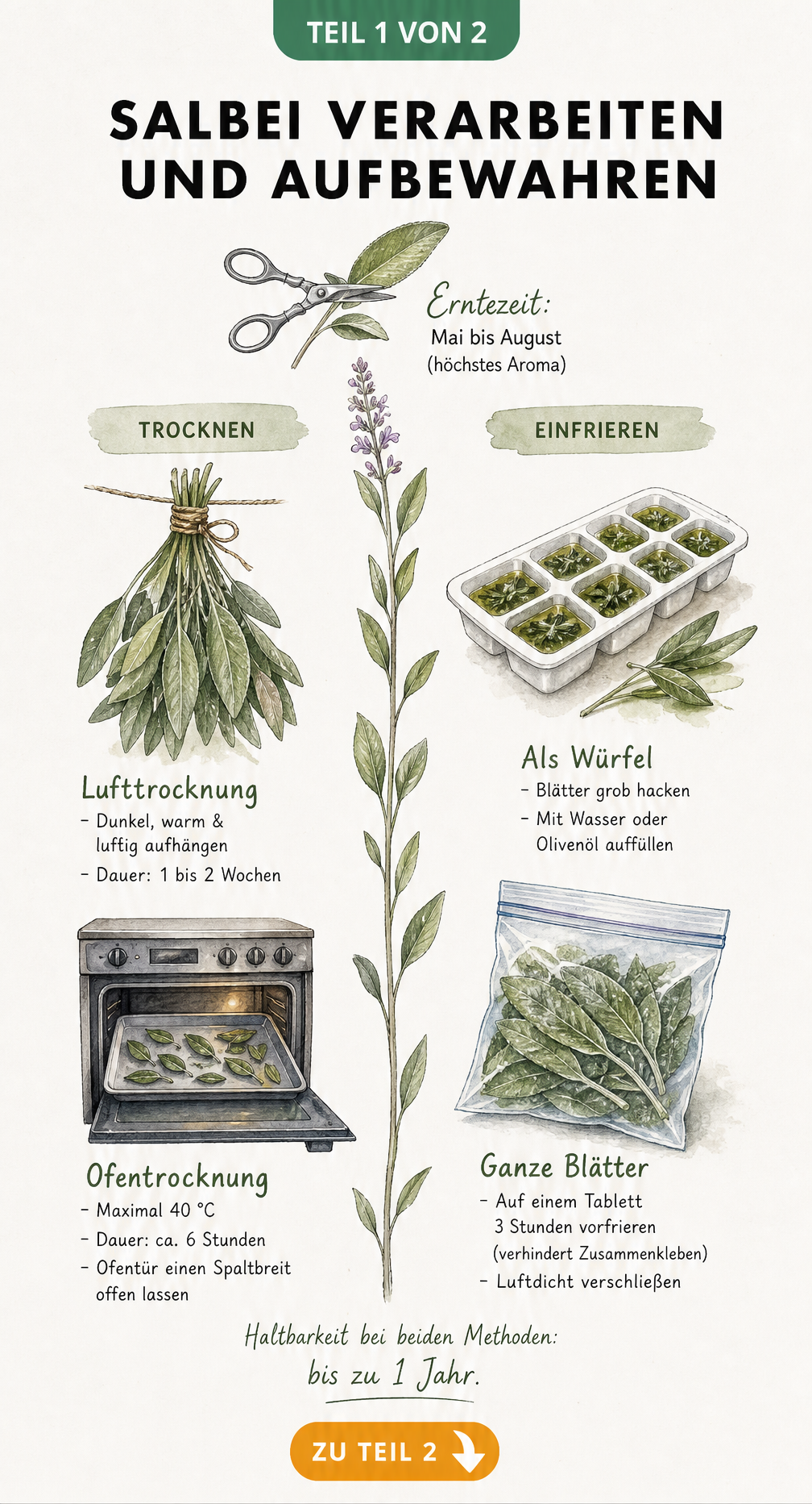Illustration von Salbei beim Trocknen an der Luft und im Backofen sowie beim Einfrieren als Würfel oder ganze Blätter.