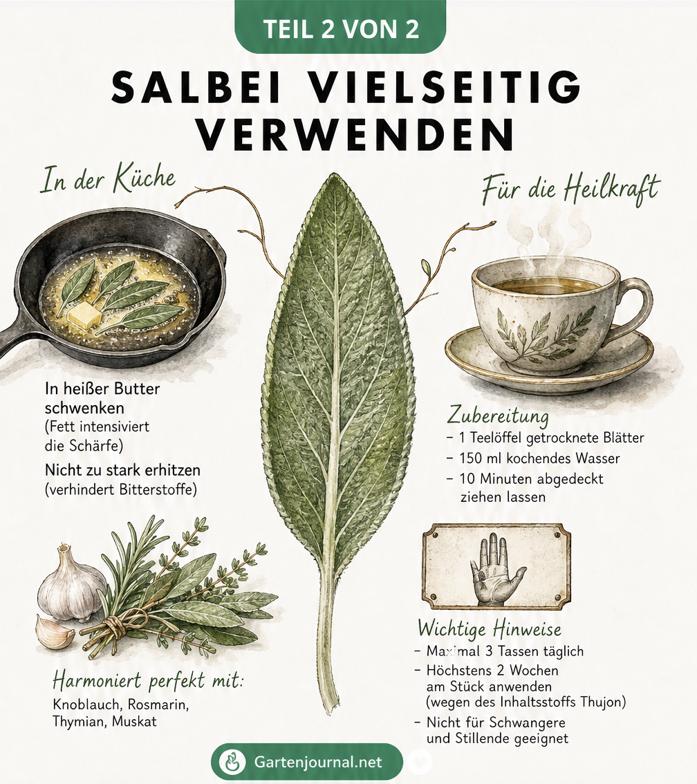Illustration zur Verwendung von Salbei in der Küche mit Butter und als Heiltee.
