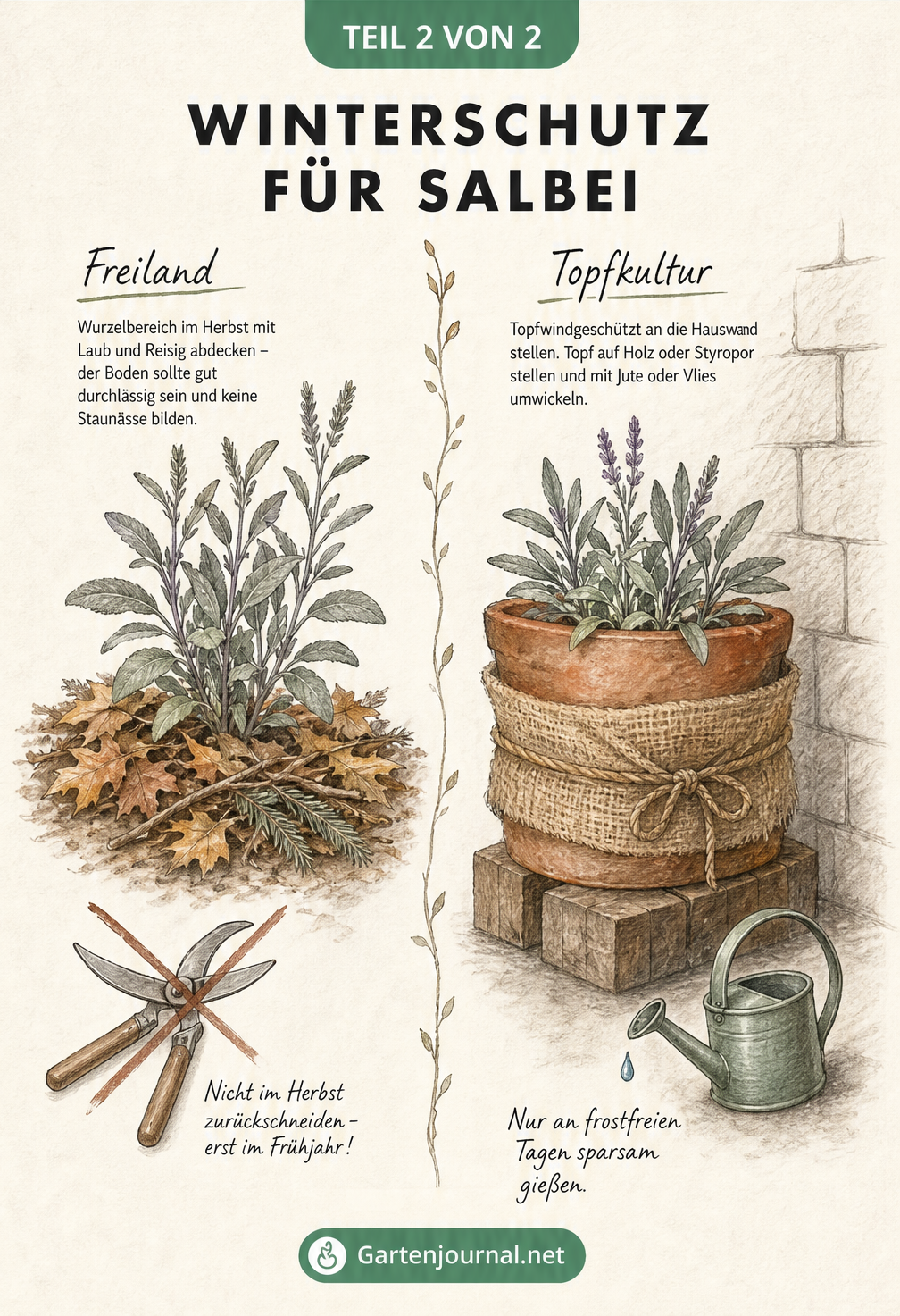 Illustration zum Winterschutz für Salbei im Freiland mit Laub und im Topf mit Jute und Holzblock