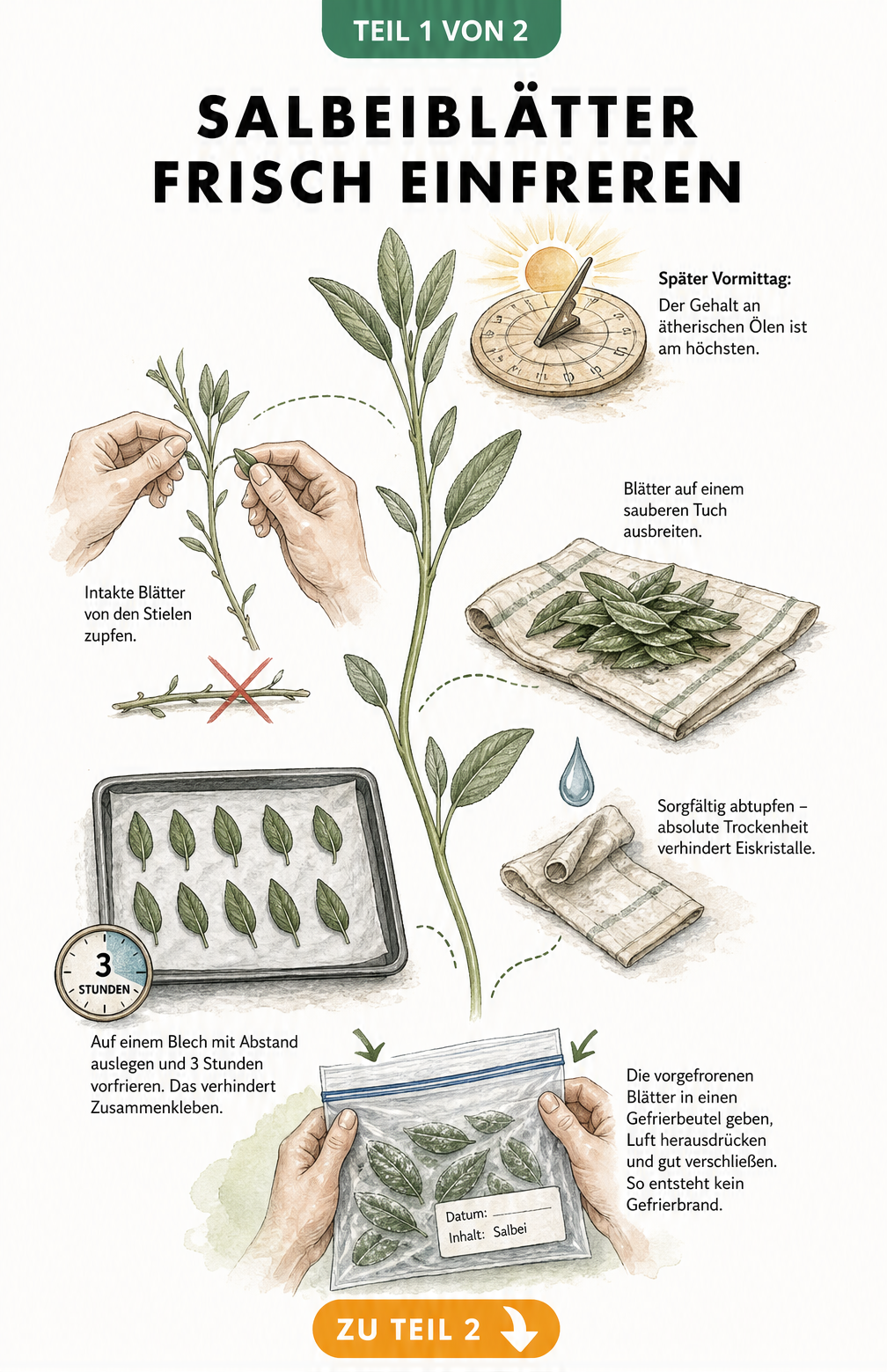 Illustration der Schritte zum Einfrieren von frischen Salbeiblättern: Ernte am Vormittag, Trocknen, Vorfrieren auf dem Backblech und luftdichtes Verpacken im...