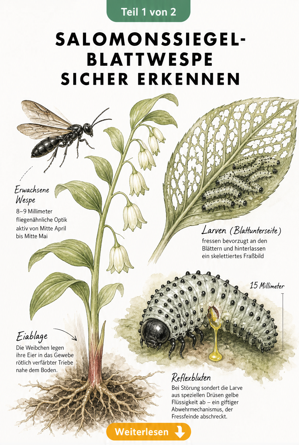 Botanische Illustration der Salomonssiegel-Blattwespe und ihrer Larven an einem Pflanzenstrang