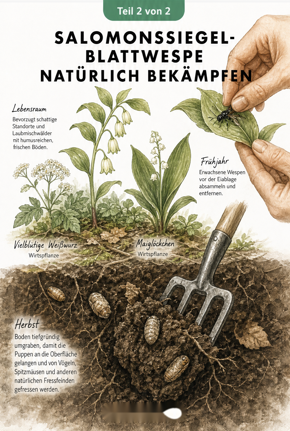 Illustration zur natürlichen Bekämpfung der Salomonssiegel-Blattwespe im Gartenbeet