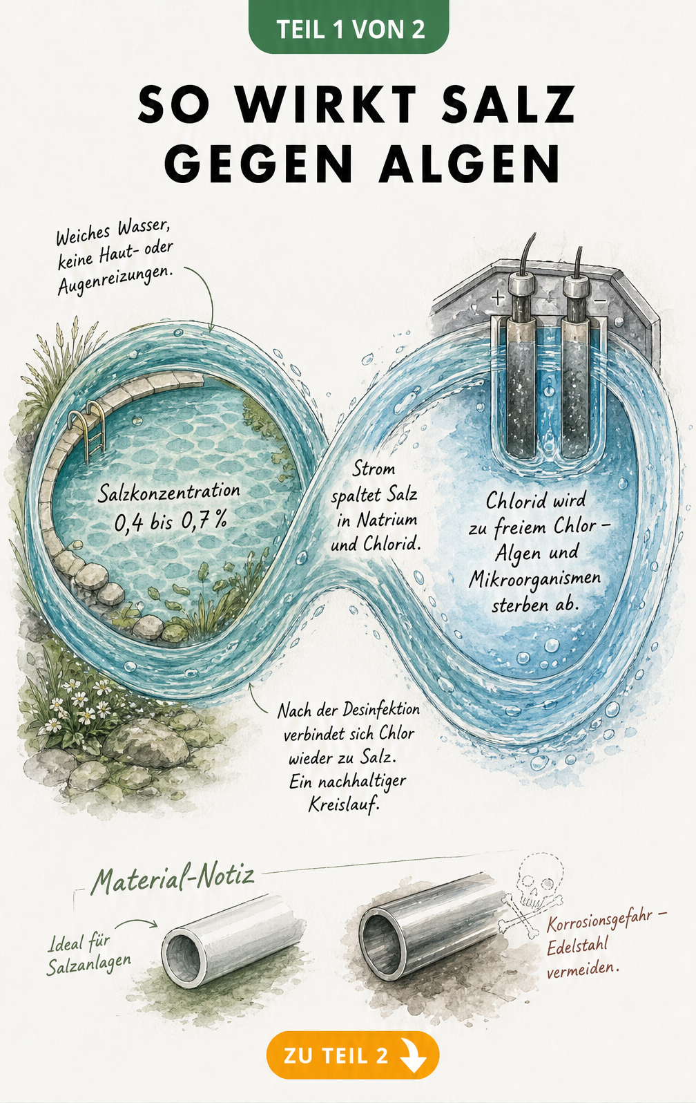Illustration des Kreislaufs der Salzelektrolyse im Poolwasser mit Umwandlung von Salz in Chlor