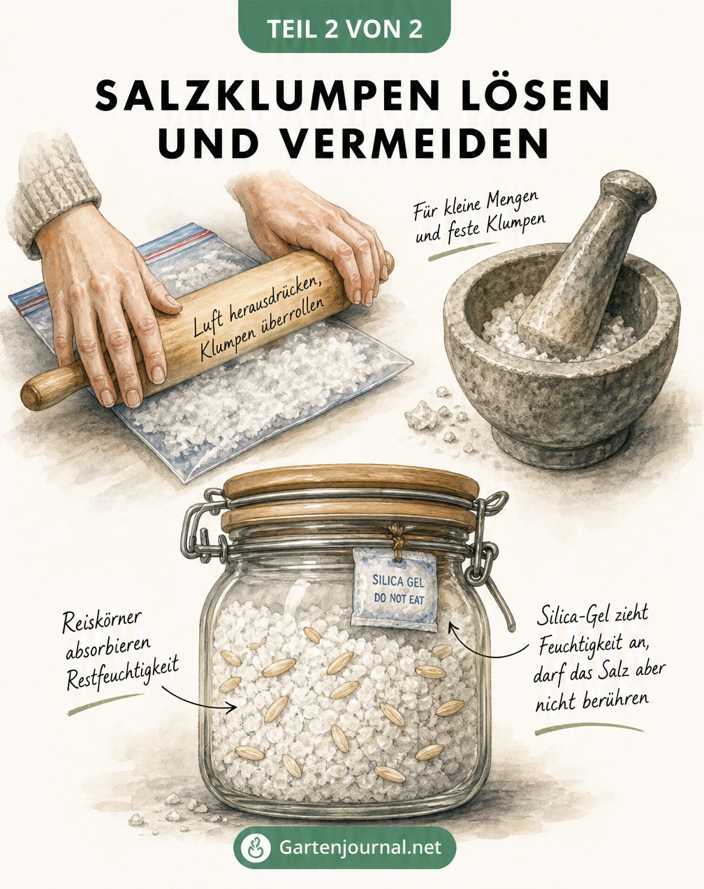 Illustration zum Lösen von Salzklumpen mit Nudelholz und Mörser sowie zur Vorbeugung mit Reiskörnern und Silica-Gel im Vorratsglas.
