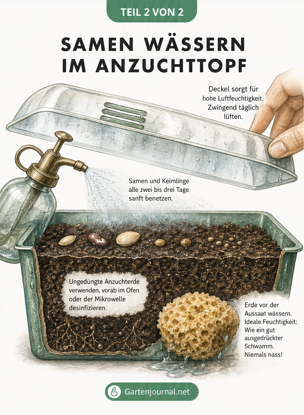 Querschnitt eines Zimmergewächshauses: Desinfizierte Anzuchterde, feucht wie ein Schwamm, Samen werden mit einer Sprühflasche benetzt.