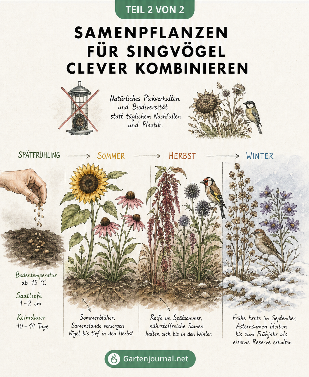 Illustration eines Gartenbeets im Jahresverlauf, das die gestaffelte Blüte und Reife von Samenpflanzen für Vögel zeigt